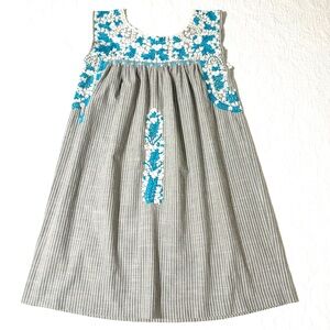 MI GOLONDRINA Flores Short Mini Dress Vertical Stripes Embroidered Artisanal